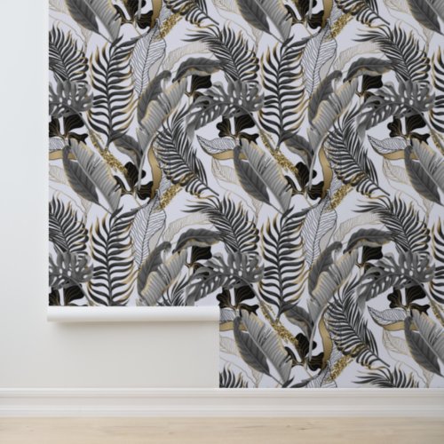 Pastel Grey Gold Tropical Palm Leaves Titan White Wallpaper