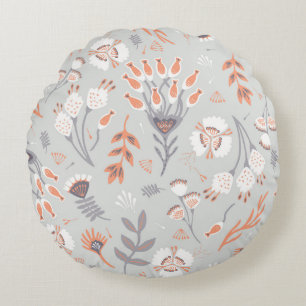 Pastel Grey Orange Floral: Vintage Elegance Round Pillow