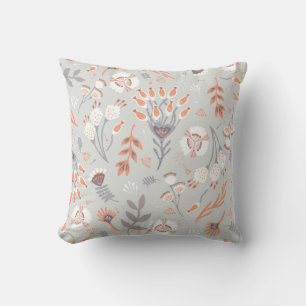 Pastel Grey Orange Floral: Vintage Elegance Throw Pillow