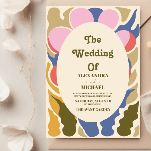 Pastel Groovy modern daisy floral wedding Invitation