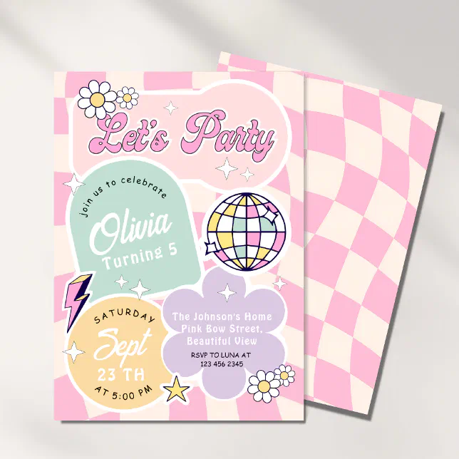 pastel Groovy Retro Let's Party Birthday Invitation | Zazzle
