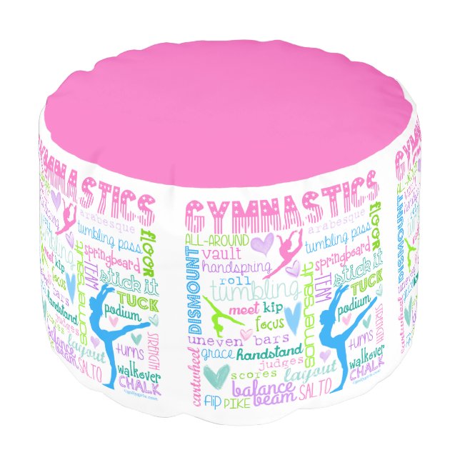 Pastel Gymnastics Words Typography Pouf (Angled Front)
