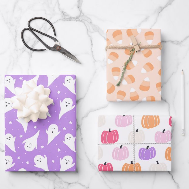 Pastel Halloween Baby Ghosts Pumpkins Lavender Wrapping Paper Sheets (Front)