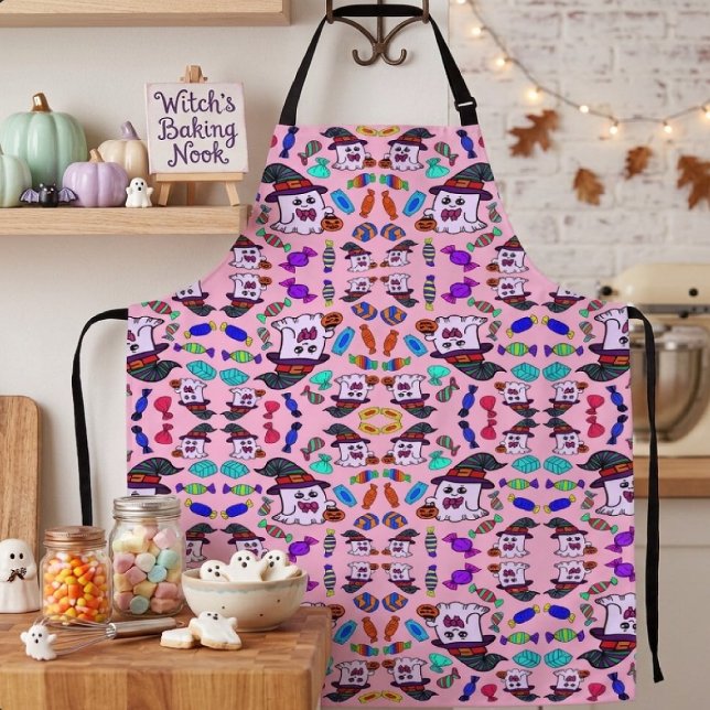 Pastel Halloween Candy & Cute Witch Ghosts Pattern Apron (Creator Uploaded)