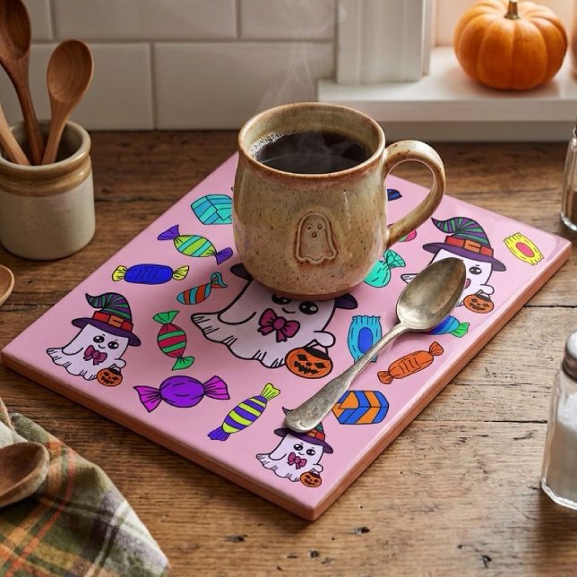 Pastel Halloween Candy & Cute Witch Ghosts Pattern Ceramic Tile (Creator Uploaded)