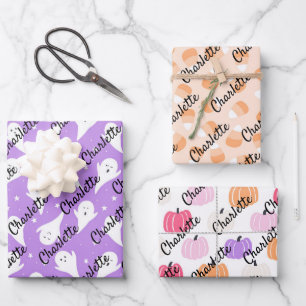 Pastel Halloween Child's Name Ghosts Pumpkins Wrapping Paper Sheets