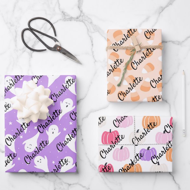 Pastel Halloween Child's Name Ghosts Pumpkins Wrapping Paper Sheets (Front)