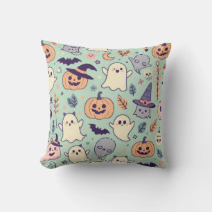 Pastel Halloween Pattern Ghost Pumpkin Bats Witch Throw Pillow