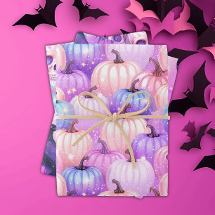 Pastel Halloween Pumpkins, Skulls, Crows, Pinks Wrapping Paper Sheets