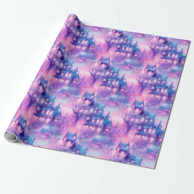 Pastel Halloween Purples and Pinks Spooky House Wrapping Paper (Unrolled)