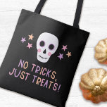 Pastel Halloween Skull No Tricks Just Treats Tote Bag<br><div class="desc">This cute tote bag is perfect for all that Halloween candy deliciousness! It features a hand drawn skull and stars in a color scheme of black and pastel pink,  purple,  and peach. Simple typography reads,  "NO TRICKS,  JUST TREATS" in matching pastel colors. 
*Original Illustration by Orabella Prints.</div>