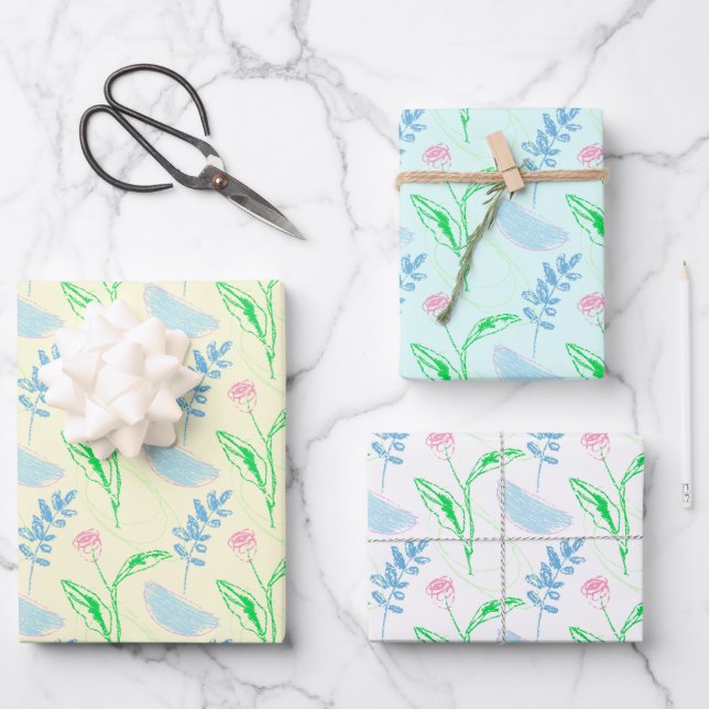 Pastel Hand-drawn Floral Pattern Wrapping Paper Sheets (Front)
