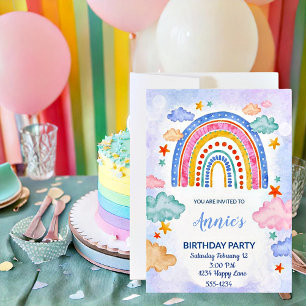 Pastel hand drawn rainbow birthday invitation