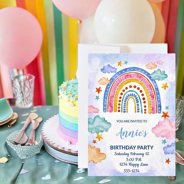 Pastel hand drawn rainbow birthday invitation (Creator Uploaded)