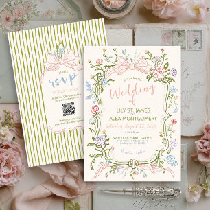 Pastel Hand Drawn Vintage Floral Bow Ivory Wedding Invitation