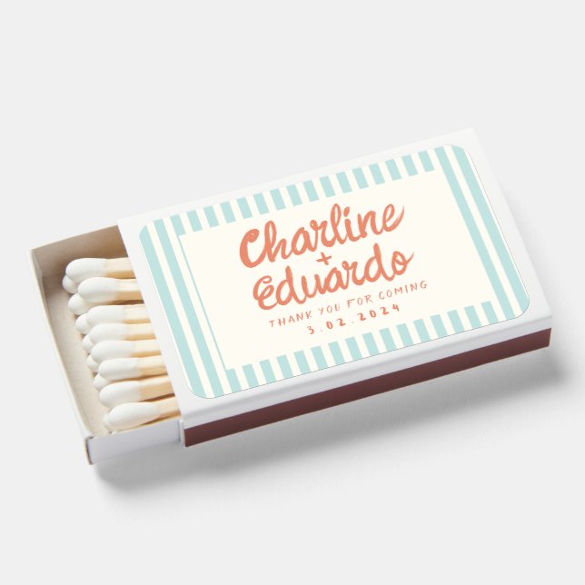 Pastel Handwriting Retro Blue Wedding Matchboxes (Front Open)