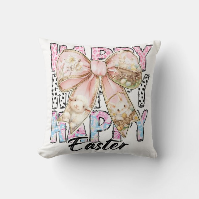 Pastel Happy Easter Coquette Bow Throw Pillow (Front)