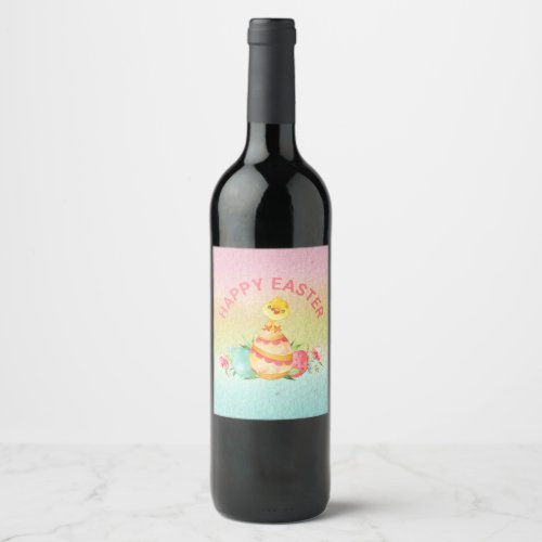 Pastel Happy Easter Cute Chicken and Eggs Wine Label