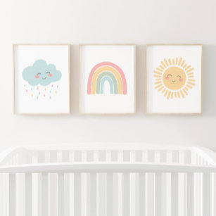 Pastel Happy Rainbow Sun Cloud Girl Nursery Decor Wall Art Sets