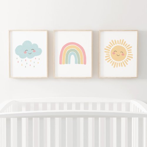 Pastel Happy Rainbow Sun Cloud Girl Nursery Decor Wall Art Sets
