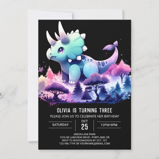 Pastel Happy Triceratops Birthday Invitation (Front)