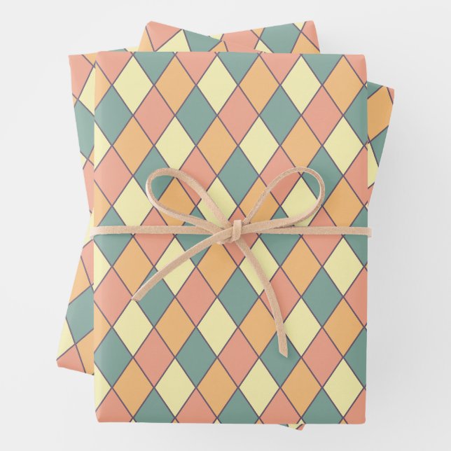 Pastel Harlequin Diamond Pattern Gift Wrapping Paper Sheets (In situ)
