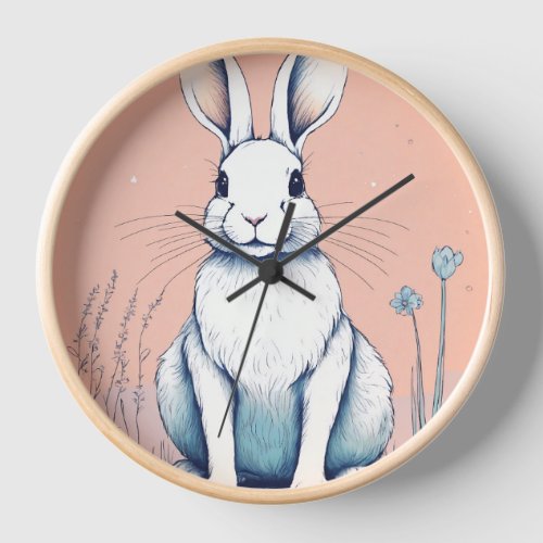 Pastel Harmony Adorable Rabbit on White Clock