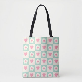 Pastel Heart and Flower Pattern Tote Bag