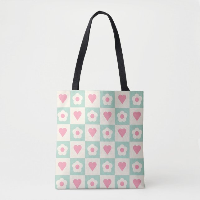 Pastel Heart and Flower Pattern Tote Bag (Front)