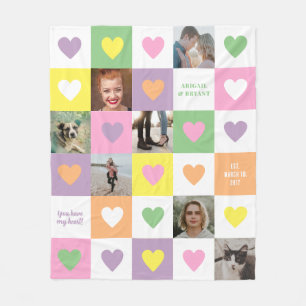 Pastel Heart Checkerboard Couple's Photo Gift Fleece Blanket