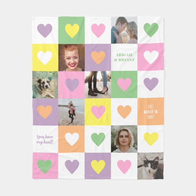 Pastel Heart Checkerboard Couple's Photo Gift Fleece Blanket (Front)