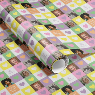 Pastel Heart Checkerboard with Photos Valentine Wrapping Paper