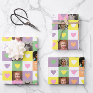Pastel Heart Checkerboard with Photos Valentine Wrapping Paper Sheets