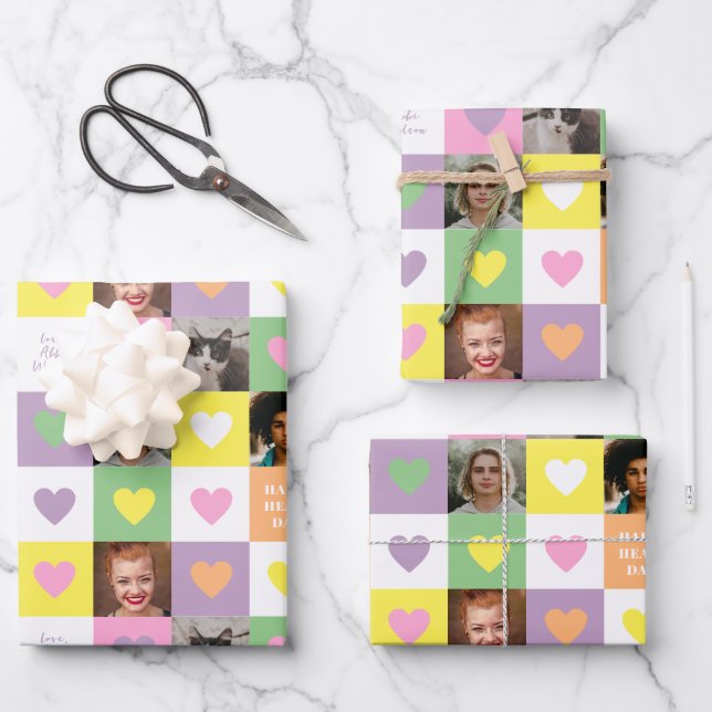 Pastel Heart Checkerboard with Photos Valentine Wrapping Paper Sheets (Front)