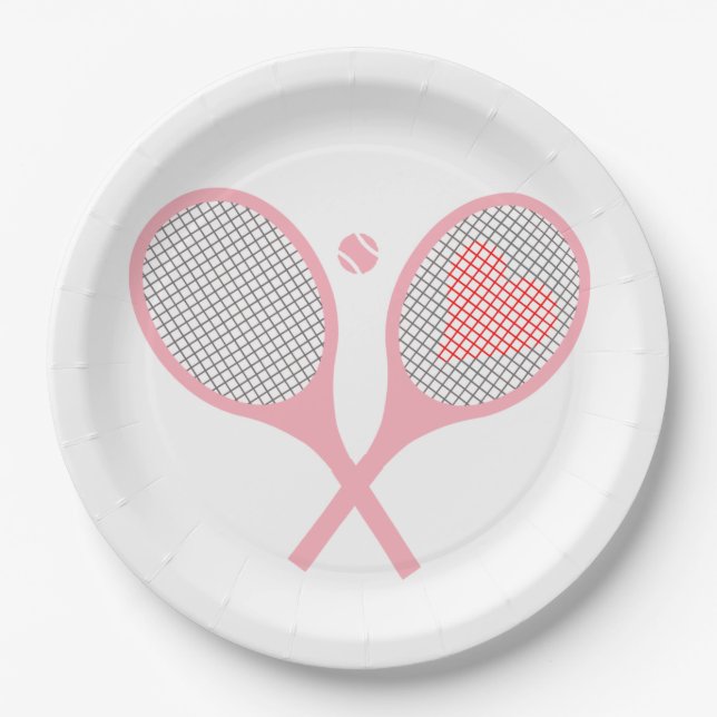 Pastel Heart Tennis Racquets And Ball Design   Paper Plates (Front)