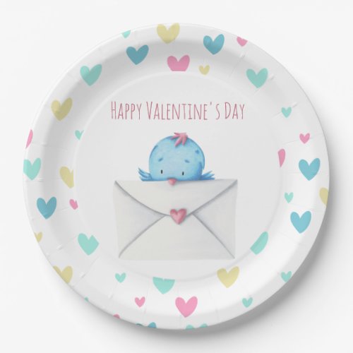 Pastel Hearts Blue Bird with Letter Valentines Paper Plates