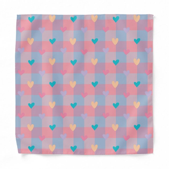 Pastel Hearts Checkerboard Pattern – Cute Seamless Bandana (Front)
