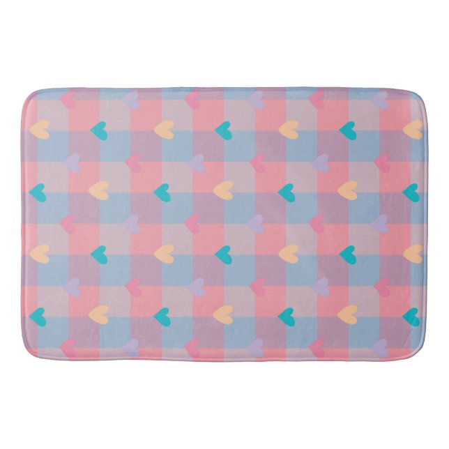 Pastel Hearts Checkerboard Pattern – Cute Seamless Bath Mat (Front)