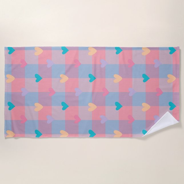 Pastel Hearts Checkerboard Pattern – Cute Seamless Beach Towel (Front)