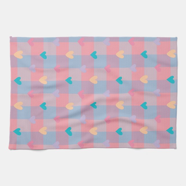 Pastel Hearts Checkerboard Pattern – Cute Seamless Kitchen Towel (Horizontal)
