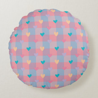 Pastel Hearts Checkerboard Pattern – Cute Seamless Round Pillow