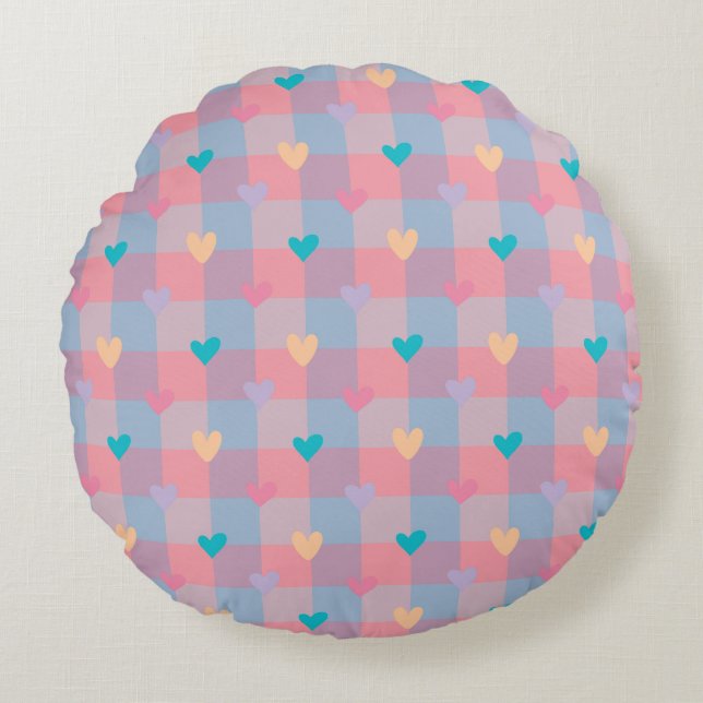 Pastel Hearts Checkerboard Pattern – Cute Seamless Round Pillow (Front)