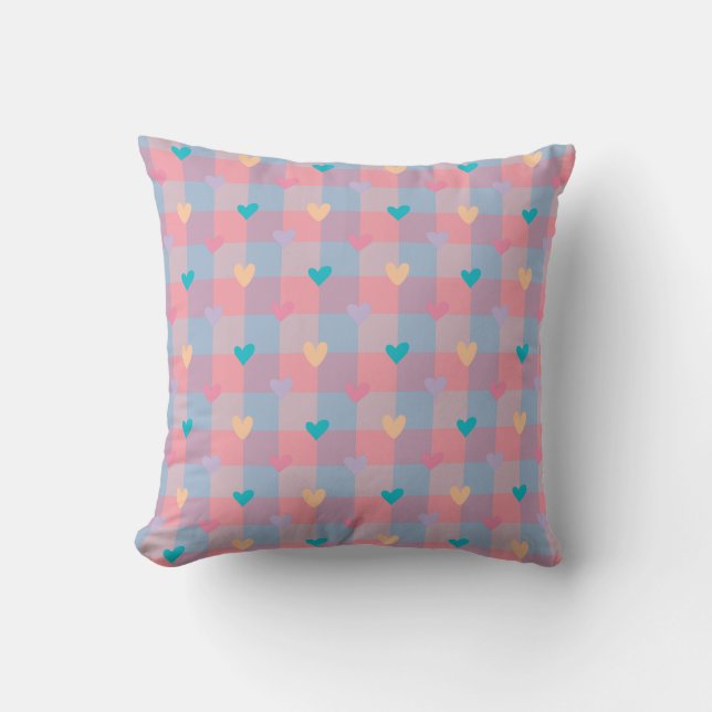 Pastel Hearts Checkerboard Pattern – Cute Seamless Throw Pillow (Front)