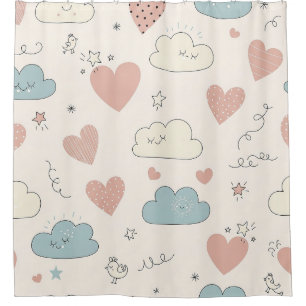 Pastel Hearts & Clouds Watercolor Dream (10) Shower Curtain