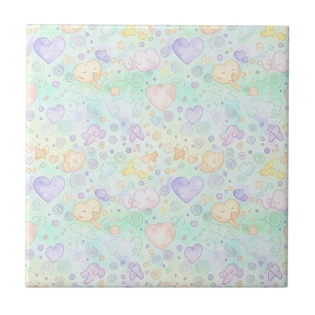 Pastel Hearts & Clouds Watercolor Dream (2) Ceramic Tile (Front)