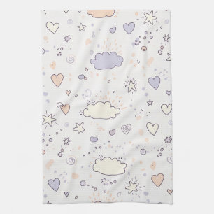 Pastel Hearts & Clouds Watercolor Dream (7) Kitchen Towel