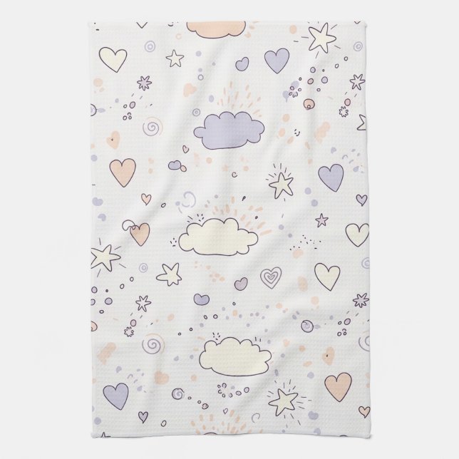 Pastel Hearts & Clouds Watercolor Dream (7) Kitchen Towel (Vertical)