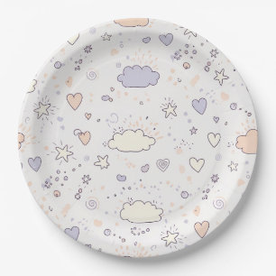 Pastel Hearts & Clouds Watercolor Dream (7) Paper Plates