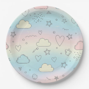 Pastel Hearts & Clouds Watercolor Dream (8) Paper Plates