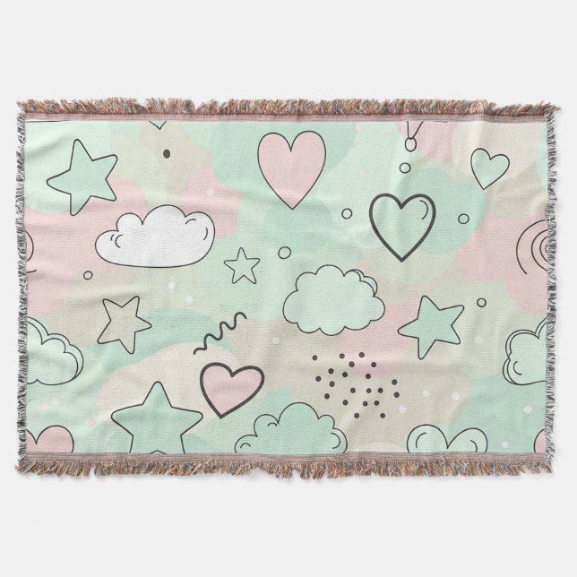 Pastel Hearts & Clouds Watercolor Dream (9) Throw Blanket (Front)